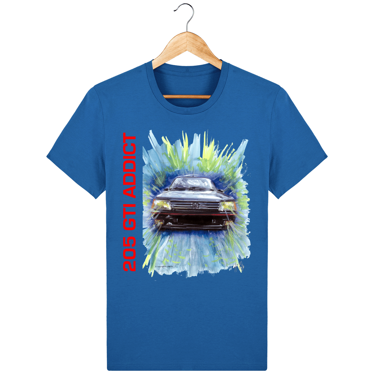 Tee Shirt 205 GTI Addict couleurs classiques - Royal Blue - Face Tee Shirt 205 GTI fond bleu
