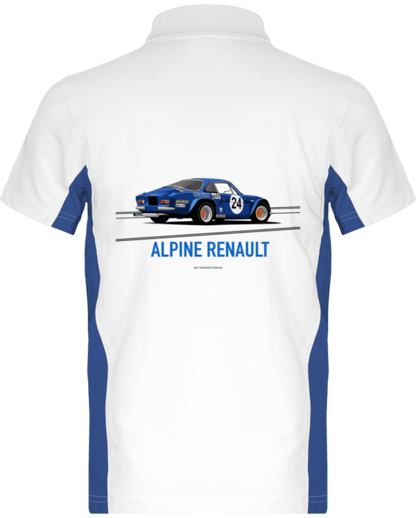 T Shirt ALPINE RENAULT A110 world champion 1973 classic colors - White / Royal Blue - Back