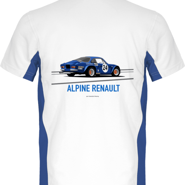T Shirt ALPINE RENAULT A110 world champion 1973 classic colors - White / Royal Blue - Back