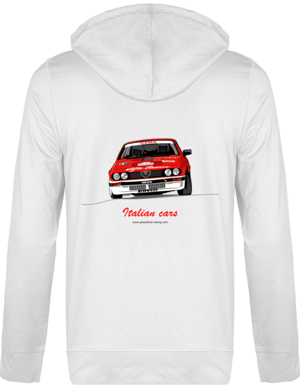 Yves Loubet Rallye d'Antibes 1985 Unisex Alfa GTV6 Hooded Jacket - Lightweight Cotton - White - Back