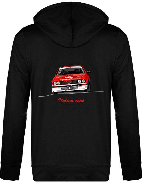 Yves Loubet Rallye d'Antibes 1985 Unisex Alfa GTV6 Hooded Jacket - Lightweight Cotton - Black - Back